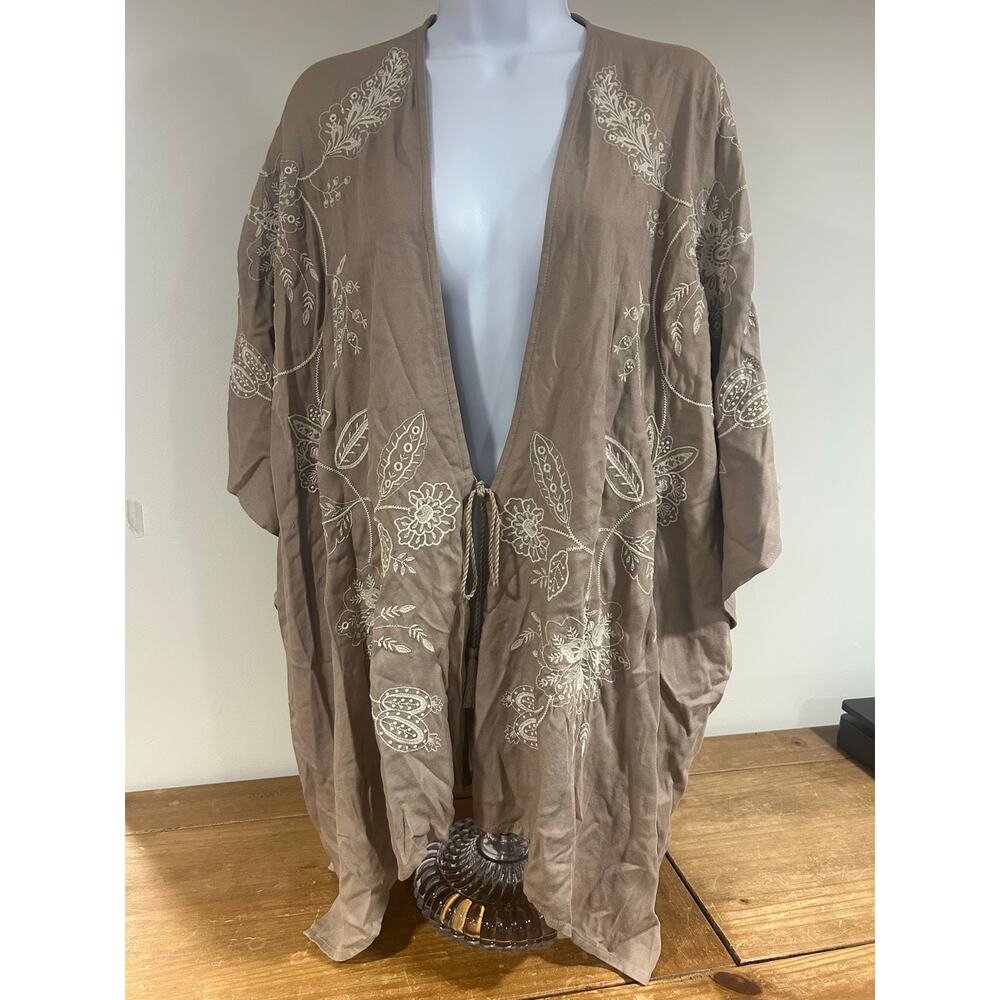 J.Jill S-L Embroider Taupe Boho Kimono Tie Front Euro Summer Lightweight Coastal